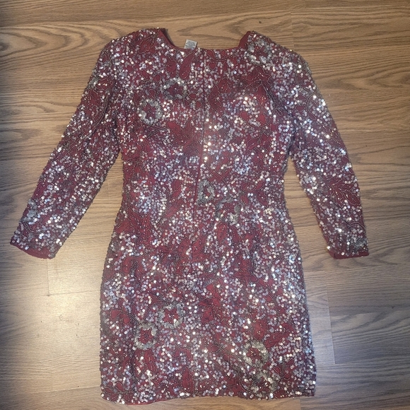 Sequined and Beaded Embellished Burgundy Minidress by Scala - Picture 3 of 11